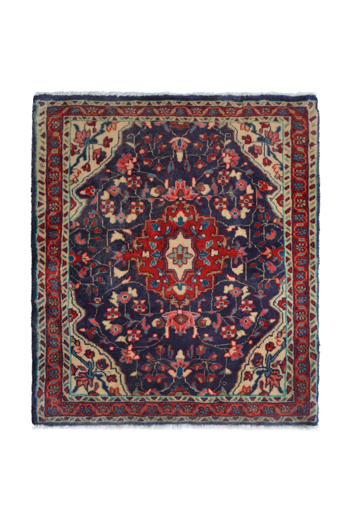 Persian Hamadan accent rug in navy and deep red, view 2 of 10