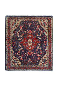 Persian Hamadan accent rug in navy and deep red, view 2 of 10