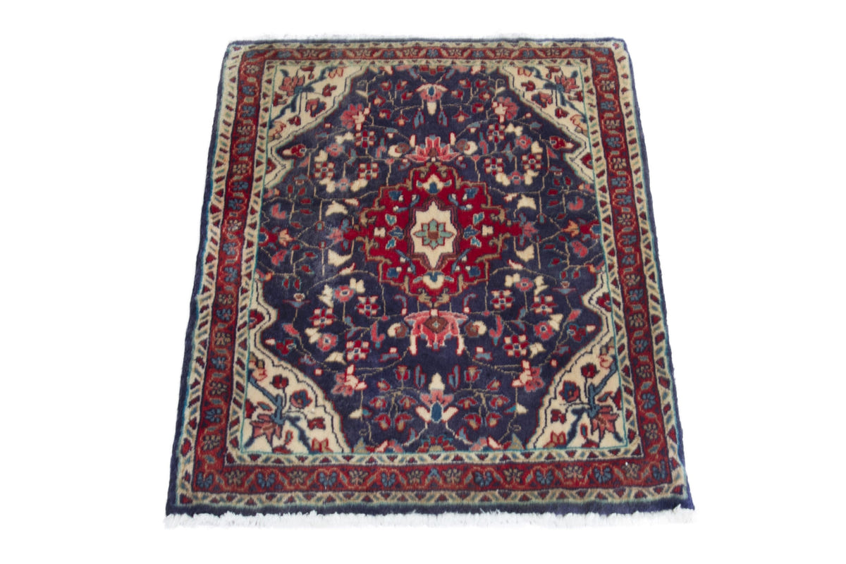 Persian Hamadan accent rug in navy and deep red, view 3 of 10