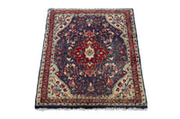 Persian Hamadan accent rug in navy and deep red, view 4 of 10