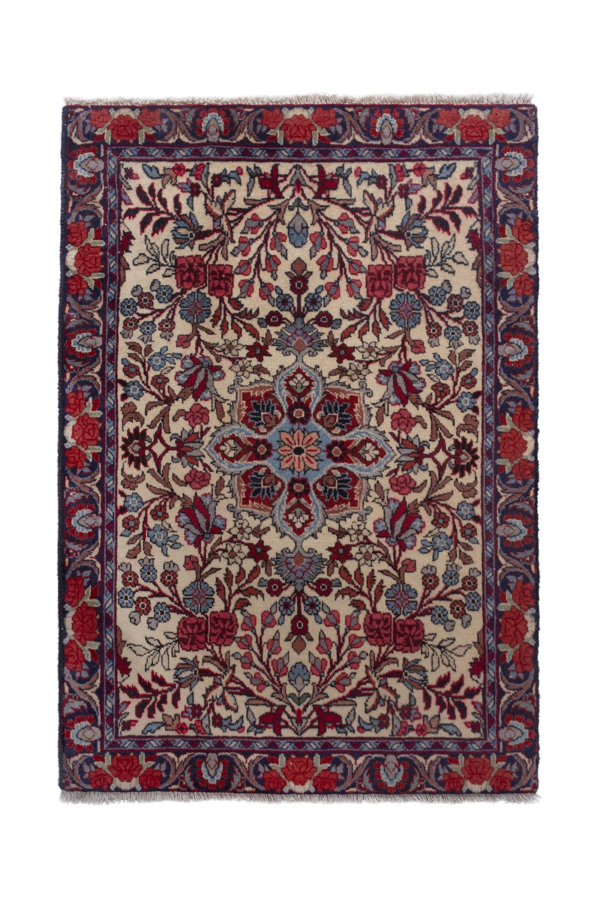 Persian Songhor accent rug in cream and navy, view 2 of 9