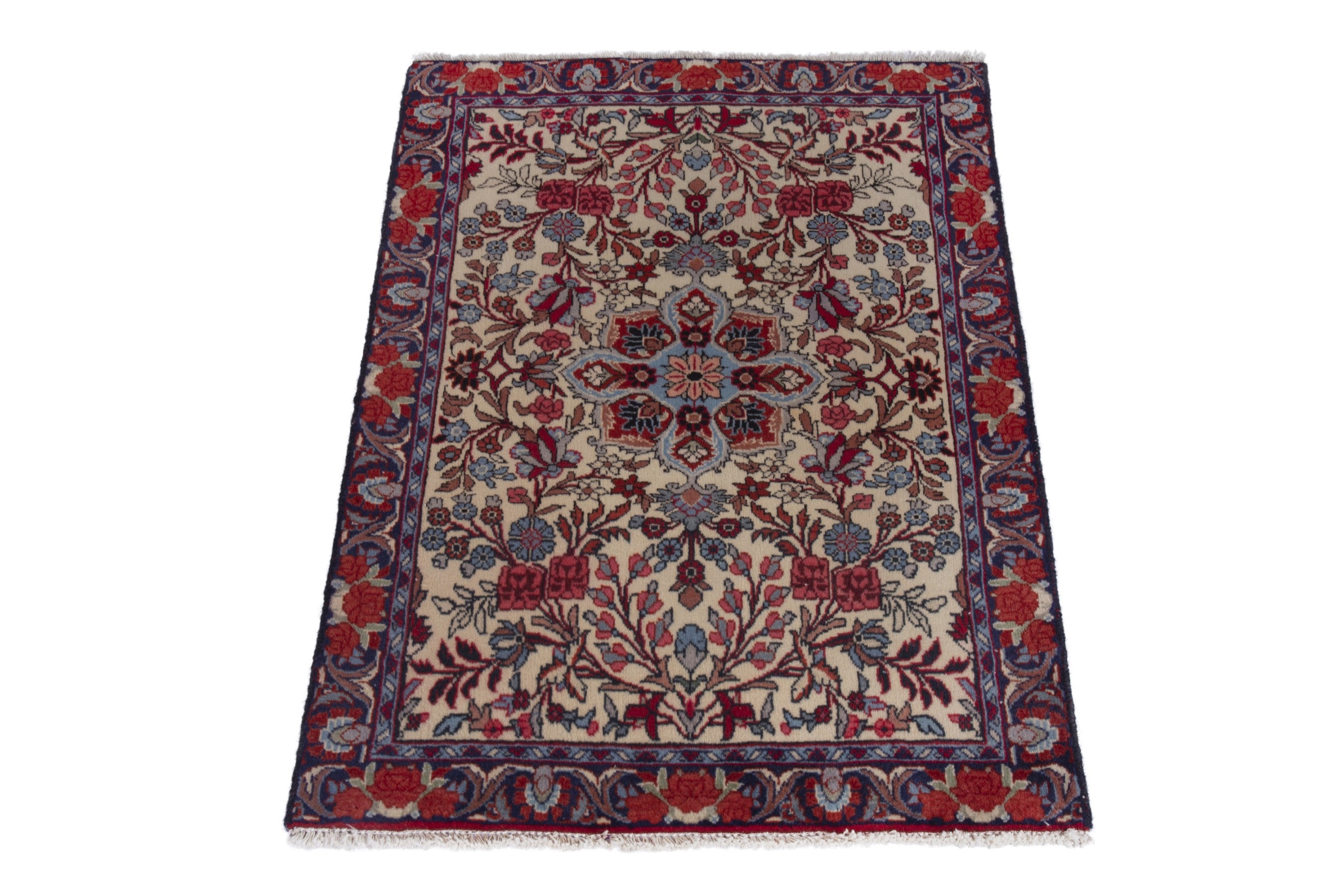 Persian Songhor accent rug in cream and navy, view 2 of 8
