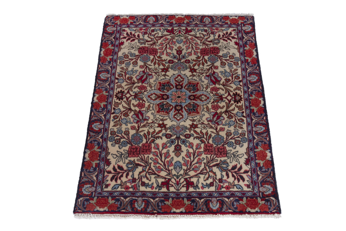 Persian Songhor accent rug in cream and navy, view 3 of 9