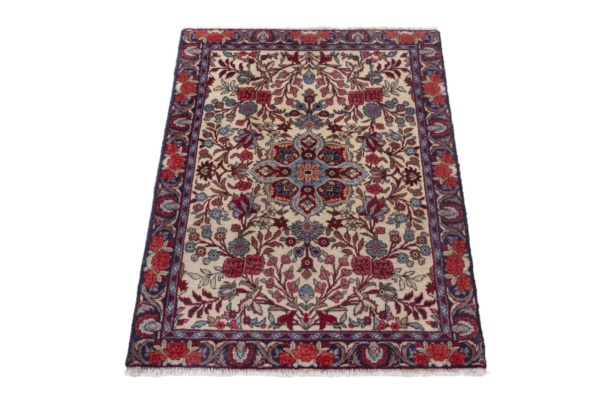 Persian Songhor accent rug in cream and navy, view 4 of 9