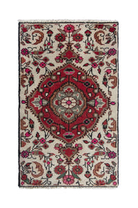Persian Hamadan accent rug in ivory and deep red, view 2 of 10