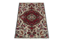 Persian Hamadan accent rug in ivory and deep red, view 3 of 10