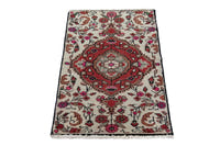 Persian Hamadan accent rug in ivory and deep red, view 4 of 10