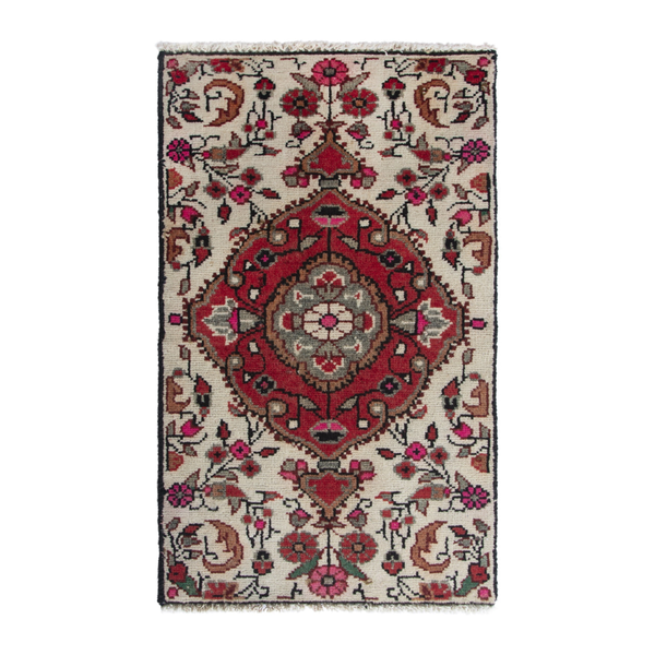 Persian Hamadan accent rug in ivory and deep red, 1'8" x 2'9"