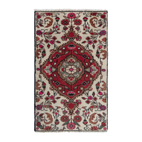 Persian Hamadan accent rug in ivory and deep red, 1'8" x 2'9"