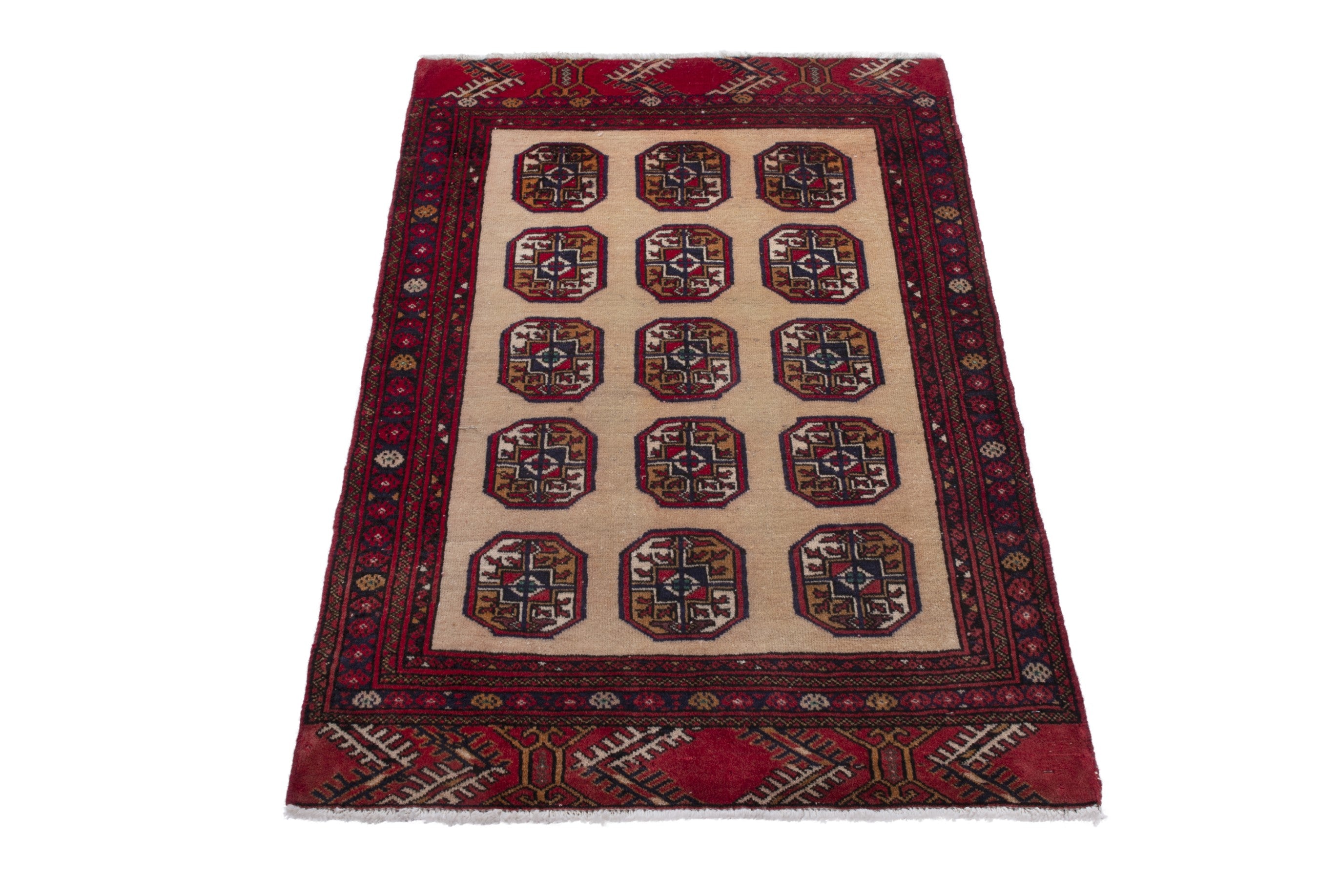 Persian Torkaman accent rug in tan and deep red, view 2 of 7