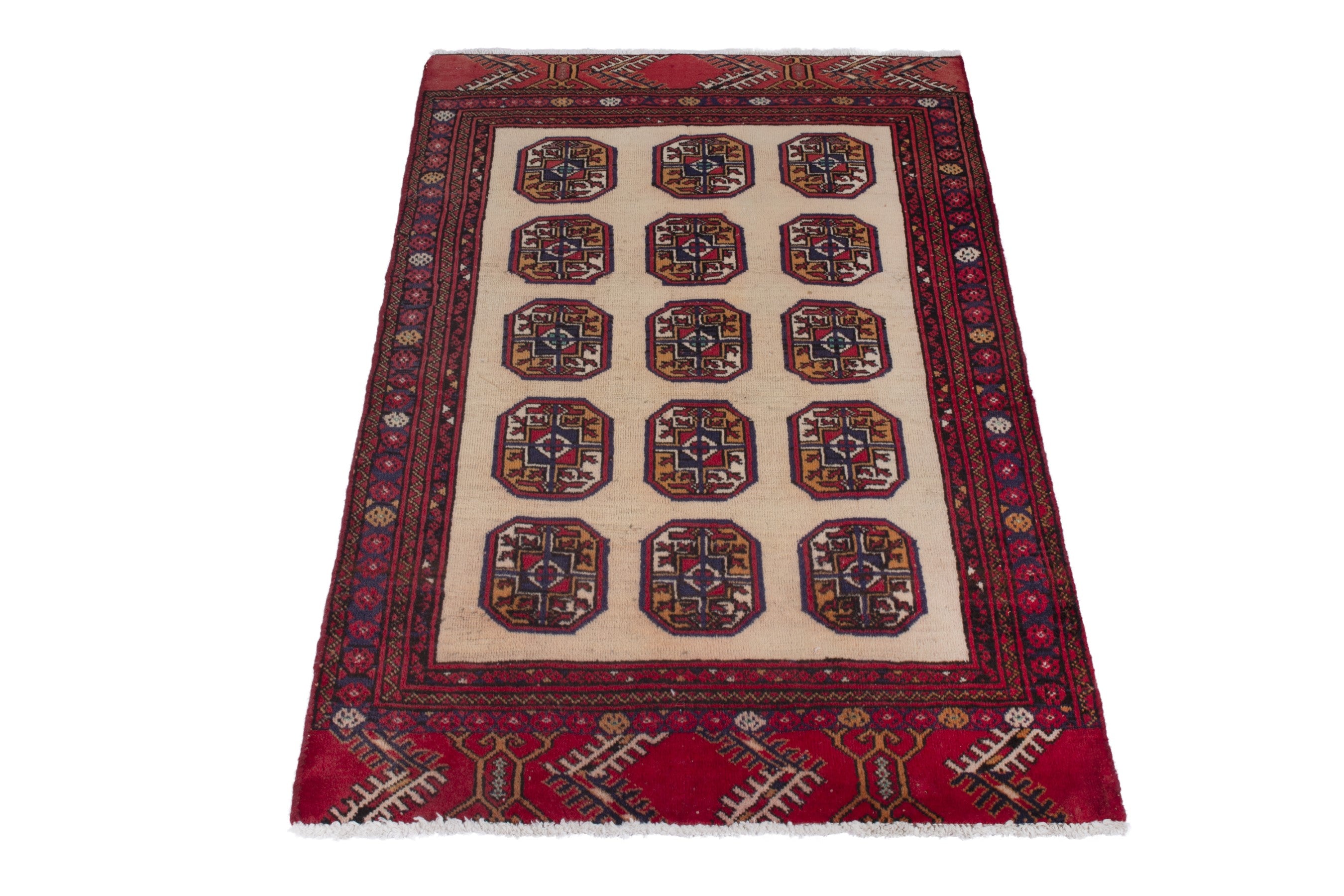Persian Torkaman accent rug in tan and deep red, view 3 of 7