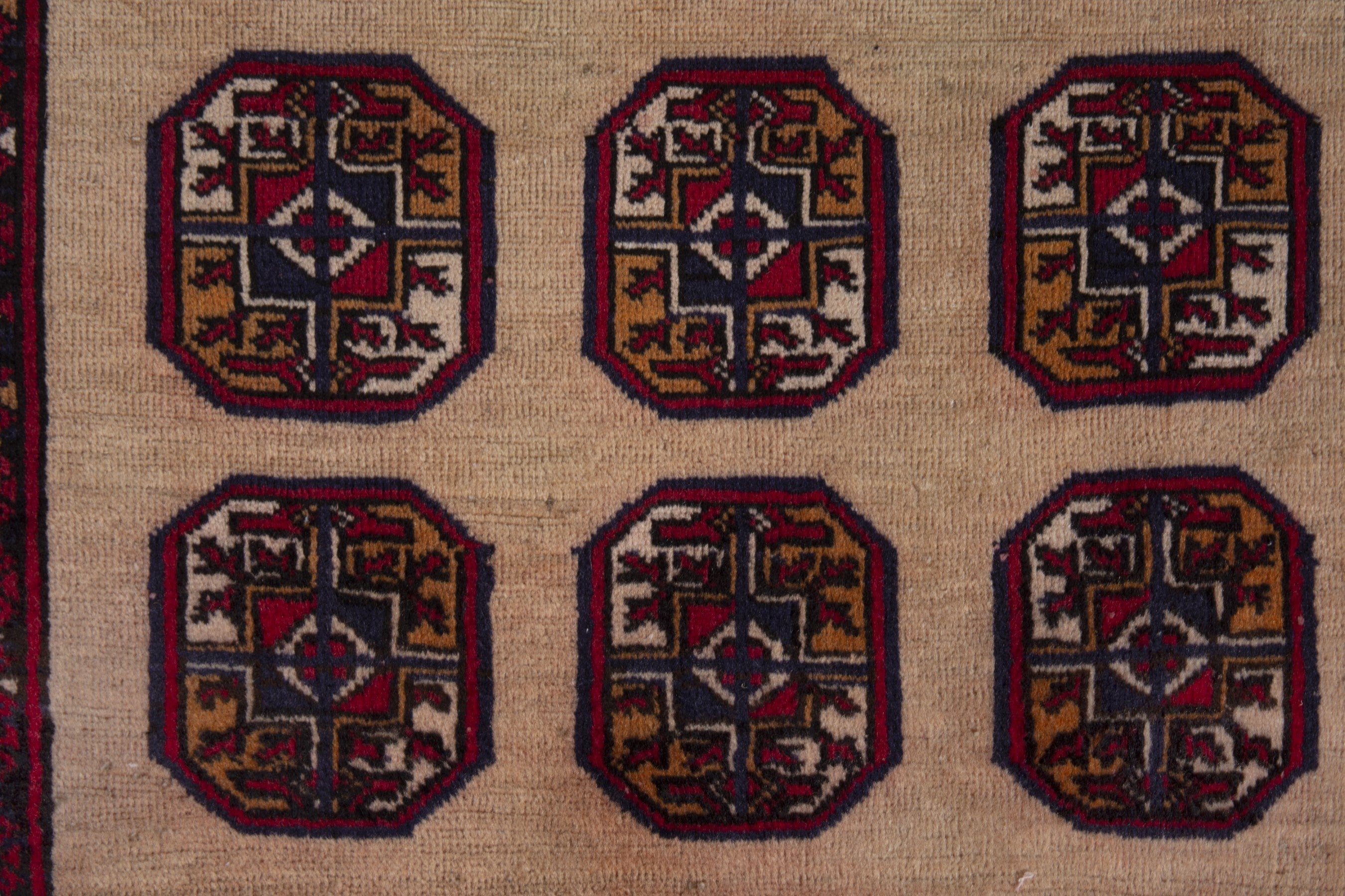 Persian Torkaman accent rug in tan and deep red, view 6 of 7