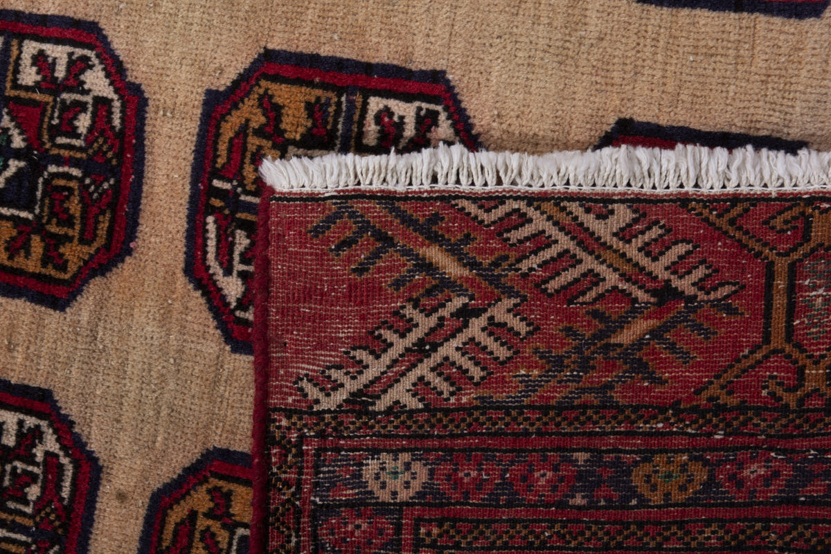 Persian Torkaman accent rug in tan and deep red, view 8 of 8