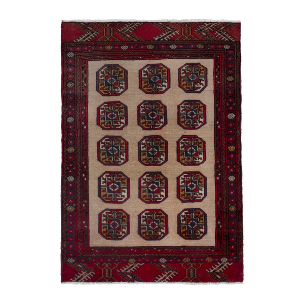 Persian Torkaman accent rug in tan and deep red, 2'7" x 4'