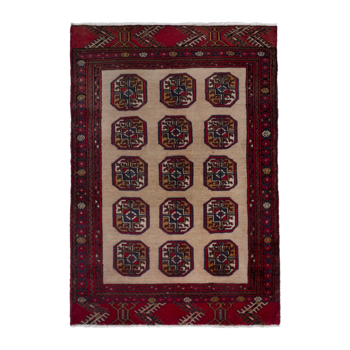 Persian Torkaman accent rug in tan and deep red, 2'7" x 4'