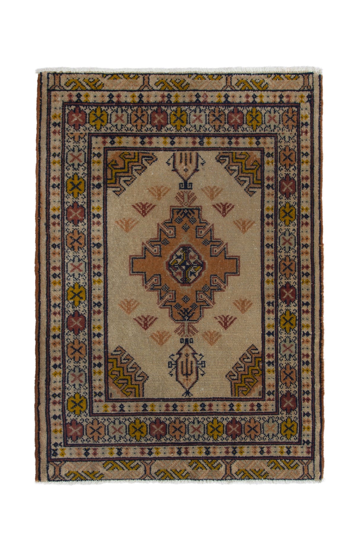 Persian Torkaman accent rug in beige and ochre, view 2 of 10