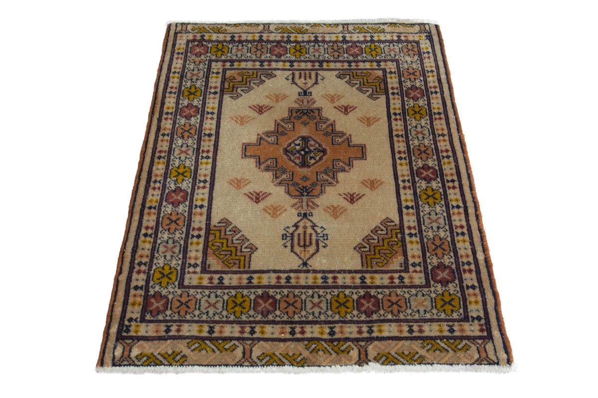 Persian Torkaman accent rug in beige and ochre, view 3 of 10