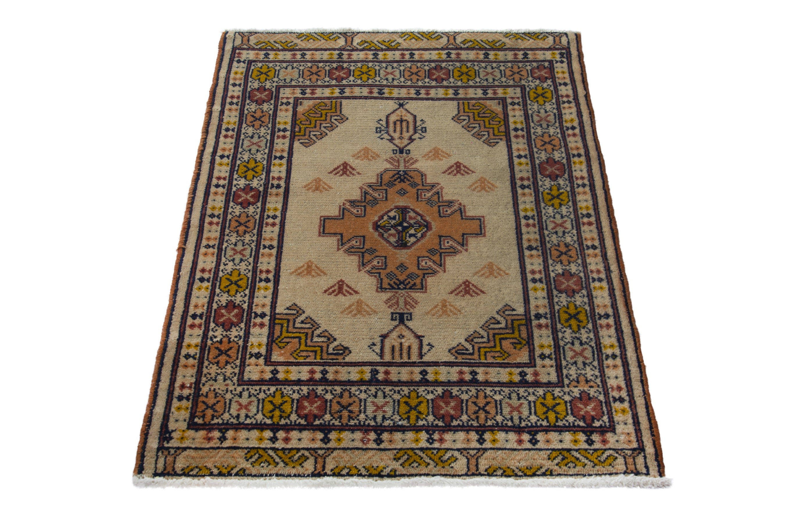 Persian Torkaman accent rug in beige and ochre, view 3 of 9