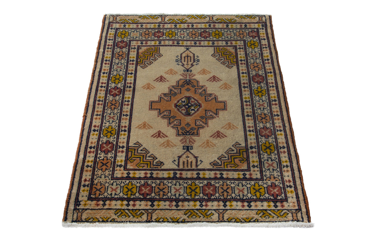 Persian Torkaman accent rug in beige and ochre, view 4 of 10