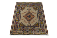 Persian Torkaman accent rug in beige and ochre, view 4 of 10