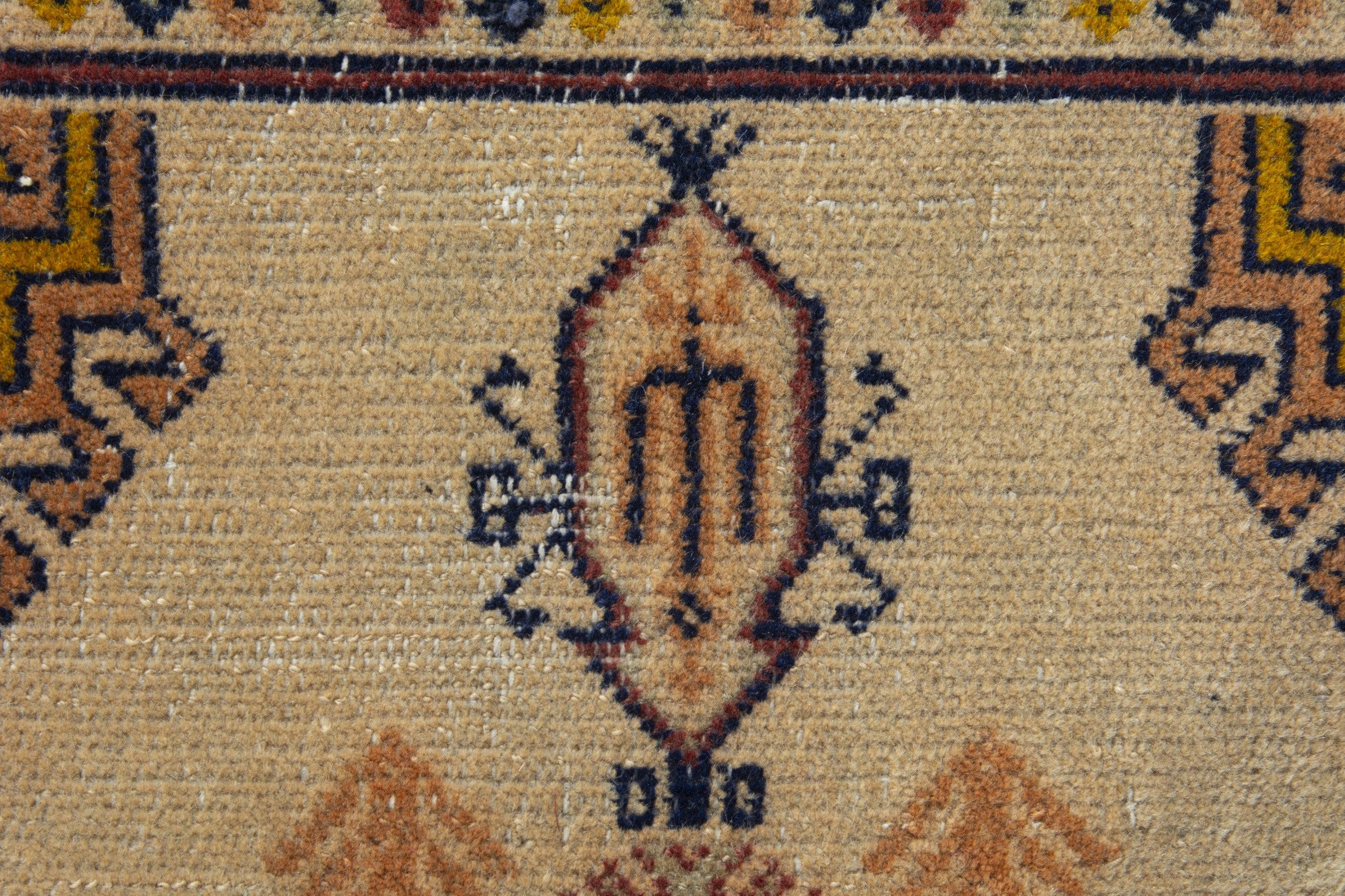 Persian Torkaman accent rug in beige and ochre, view 6 of 9