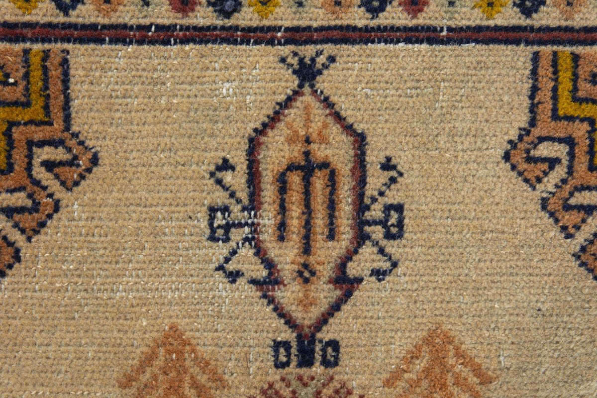 Persian Torkaman accent rug in beige and ochre, view 7 of 10