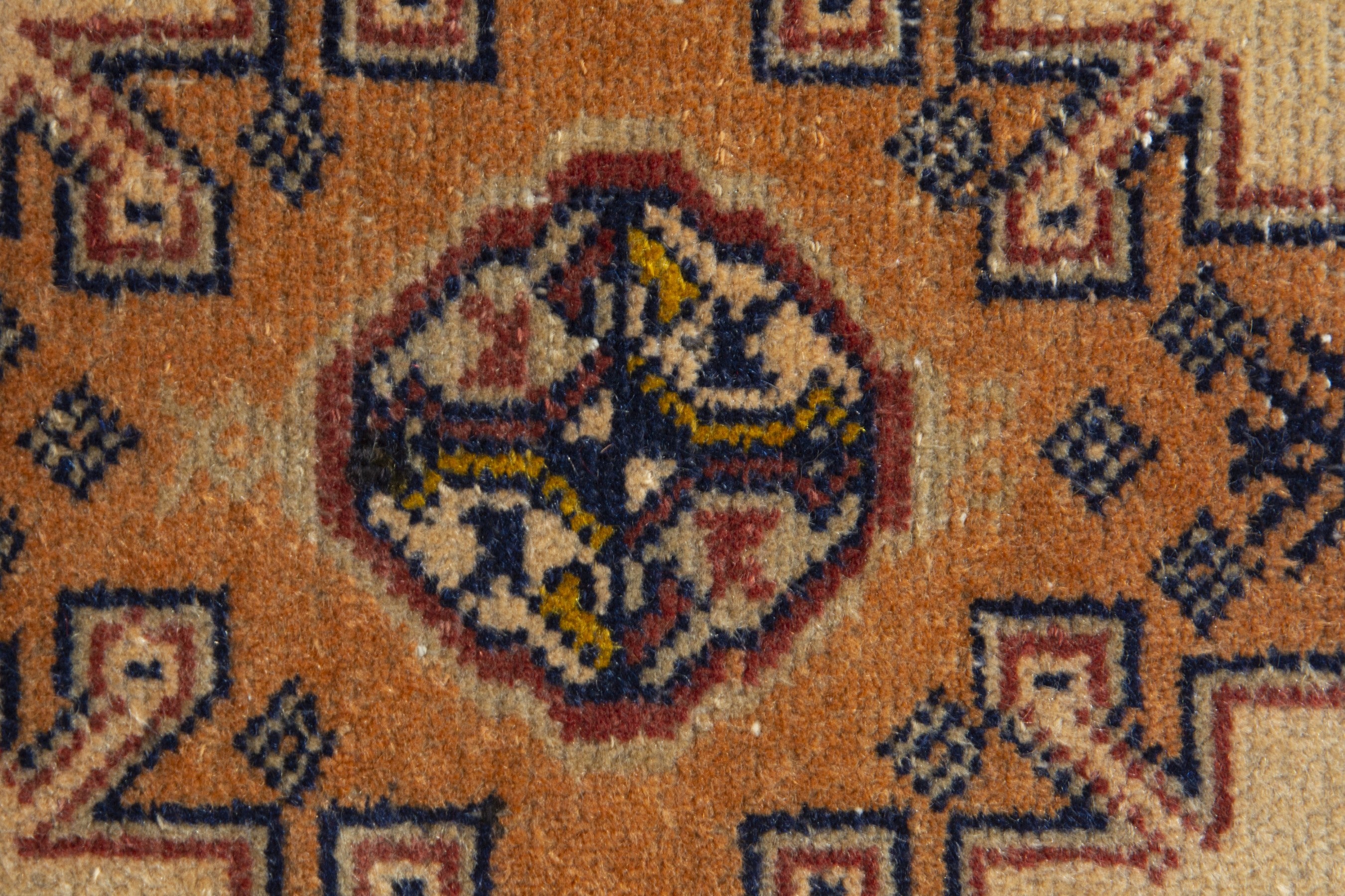 Persian Torkaman accent rug in beige and ochre, view 7 of 9