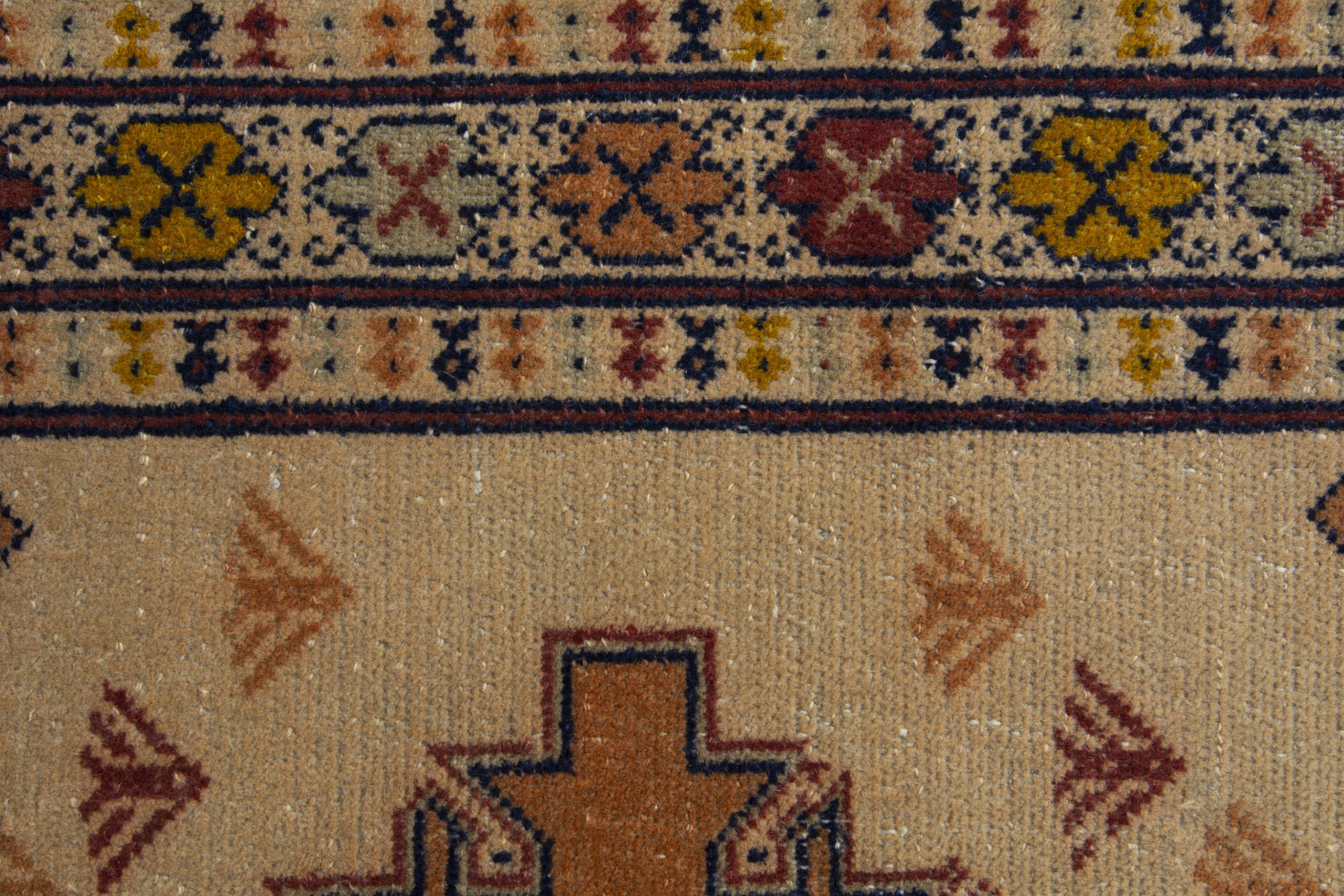 Persian Torkaman accent rug in beige and ochre, view 8 of 9
