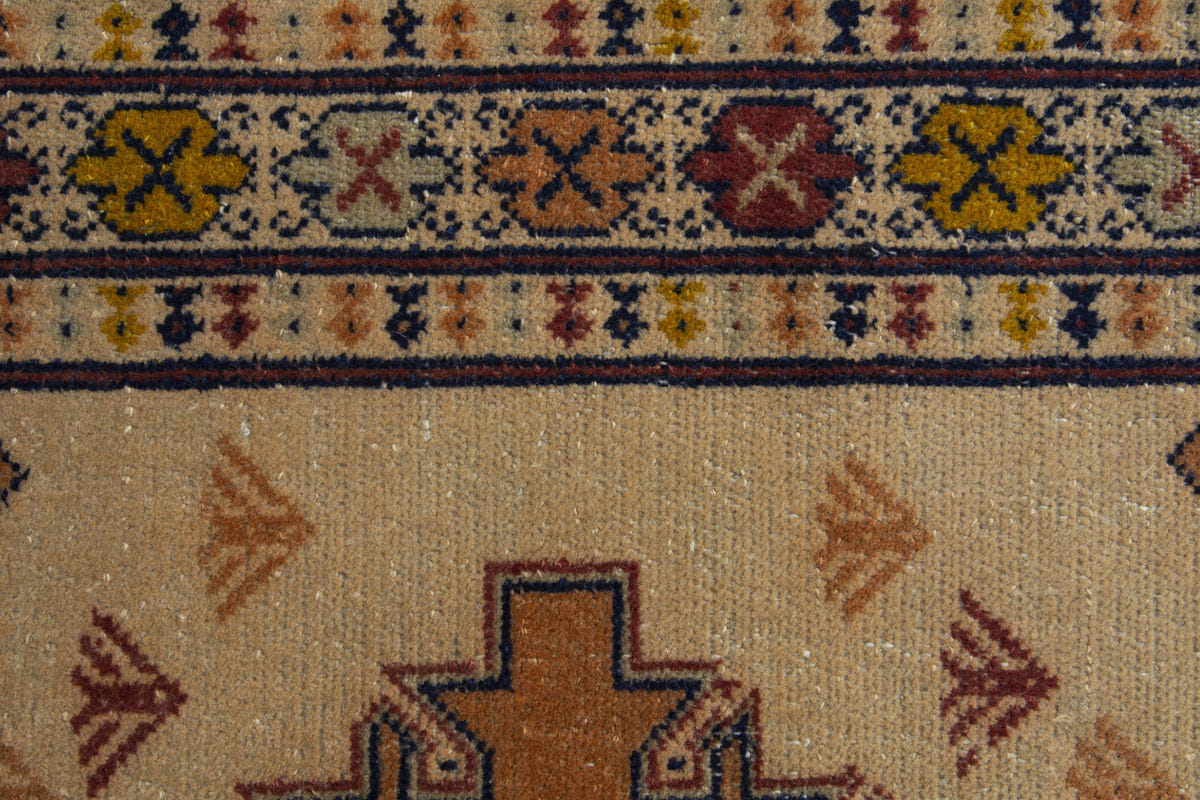 Persian Torkaman accent rug in beige and ochre, view 9 of 10