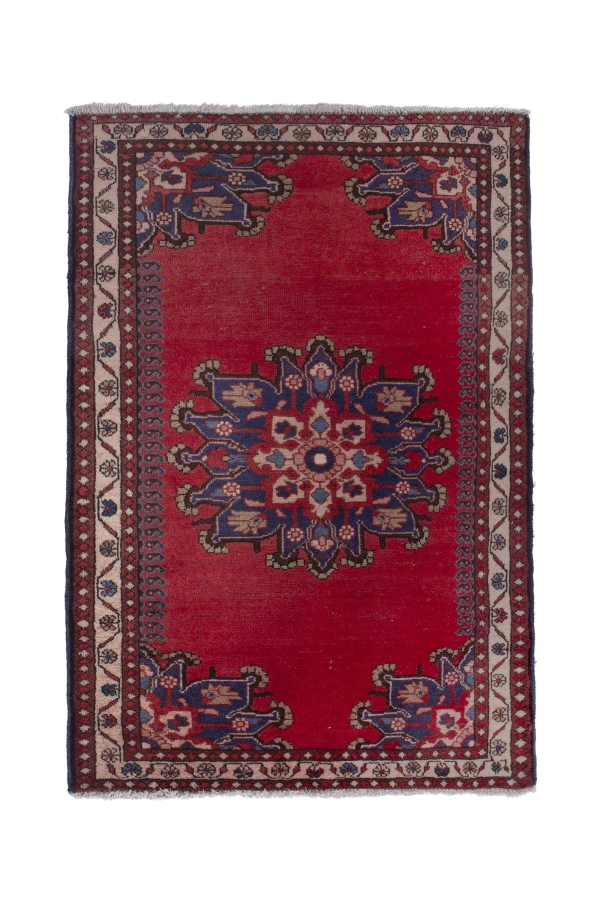 Persian Saveh accent rug in deep red and navy, view 2 of 9