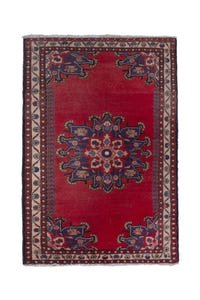 Persian Saveh accent rug in deep red and navy, view 2 of 9