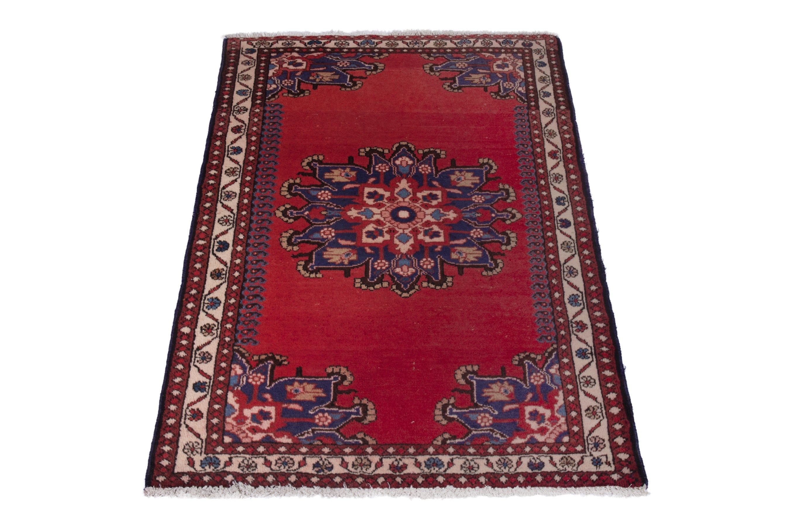 Persian Saveh accent rug in deep red and navy, view 2 of 8