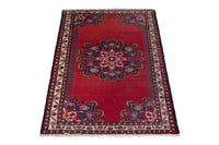 Persian Saveh accent rug in deep red and navy, view 3 of 9