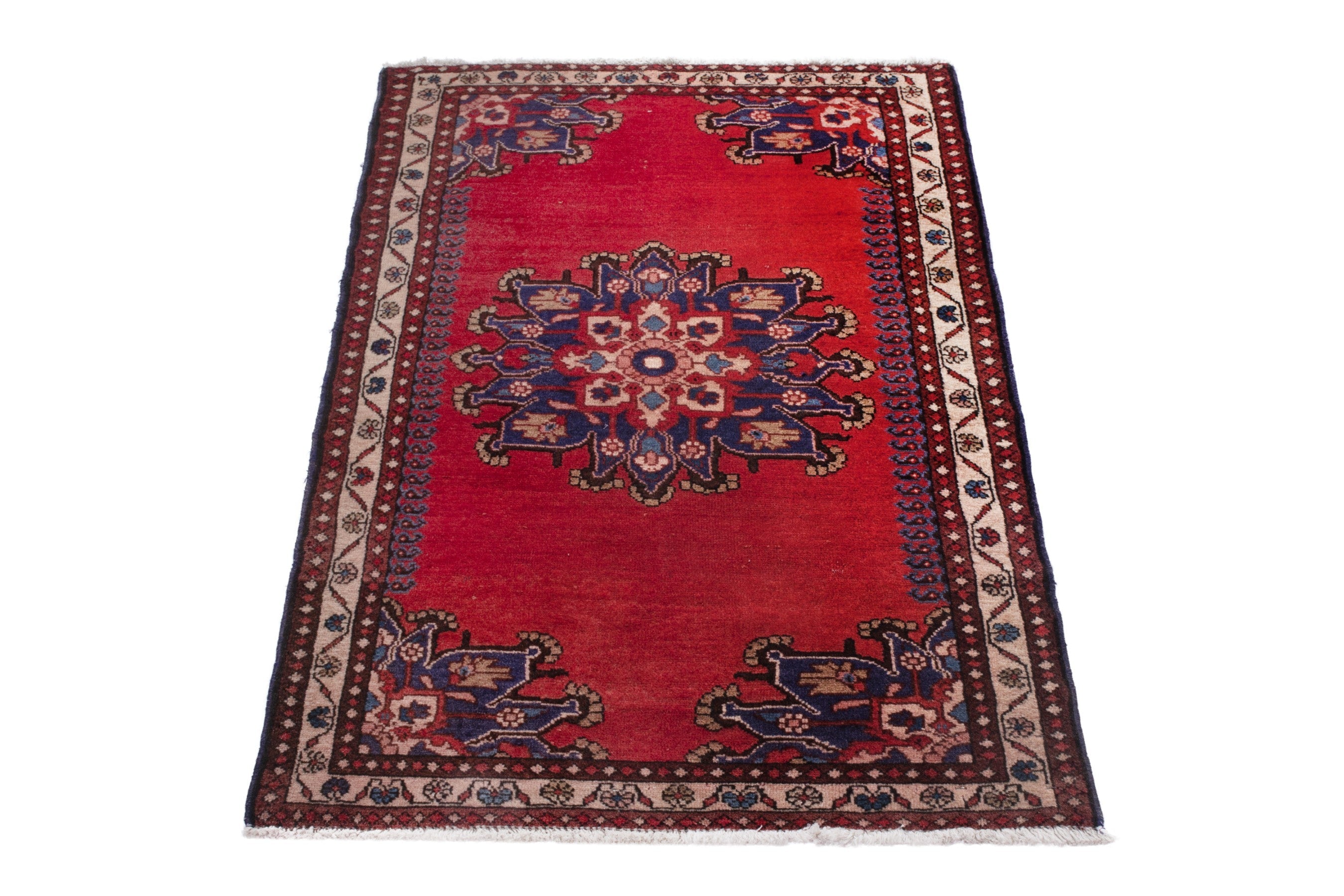 Persian Saveh accent rug in deep red and navy, view 3 of 8