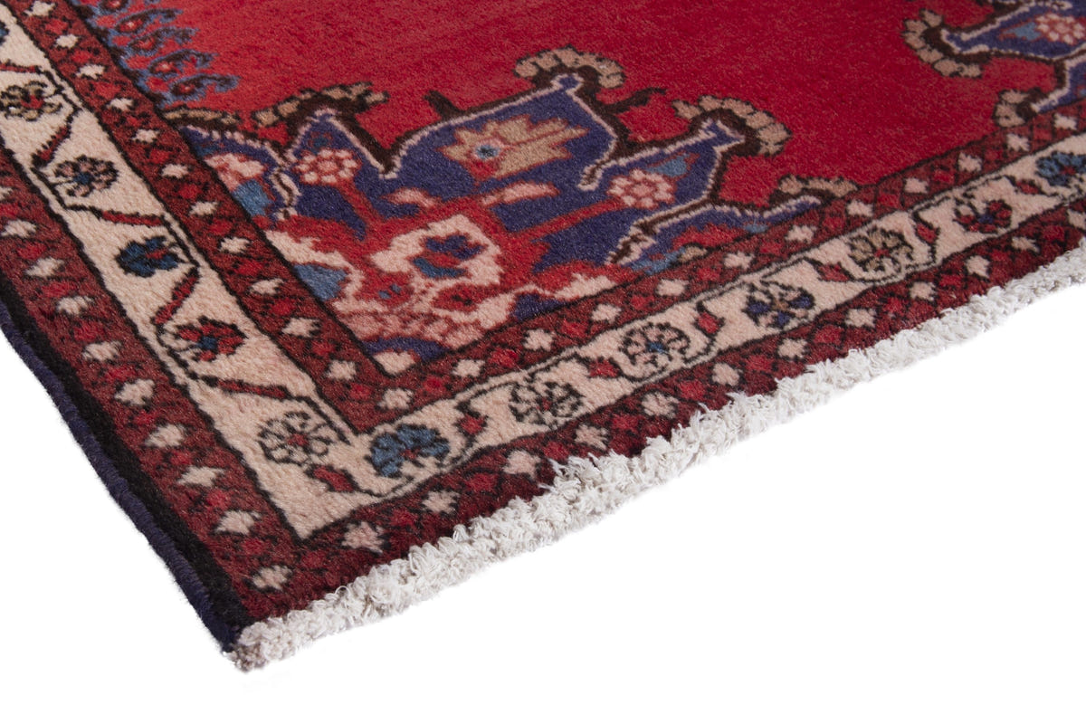 Persian Saveh accent rug in deep red and navy, view 6 of 9