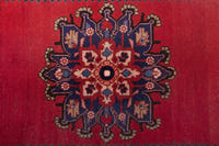 Persian Saveh accent rug in deep red and navy, view 7 of 9