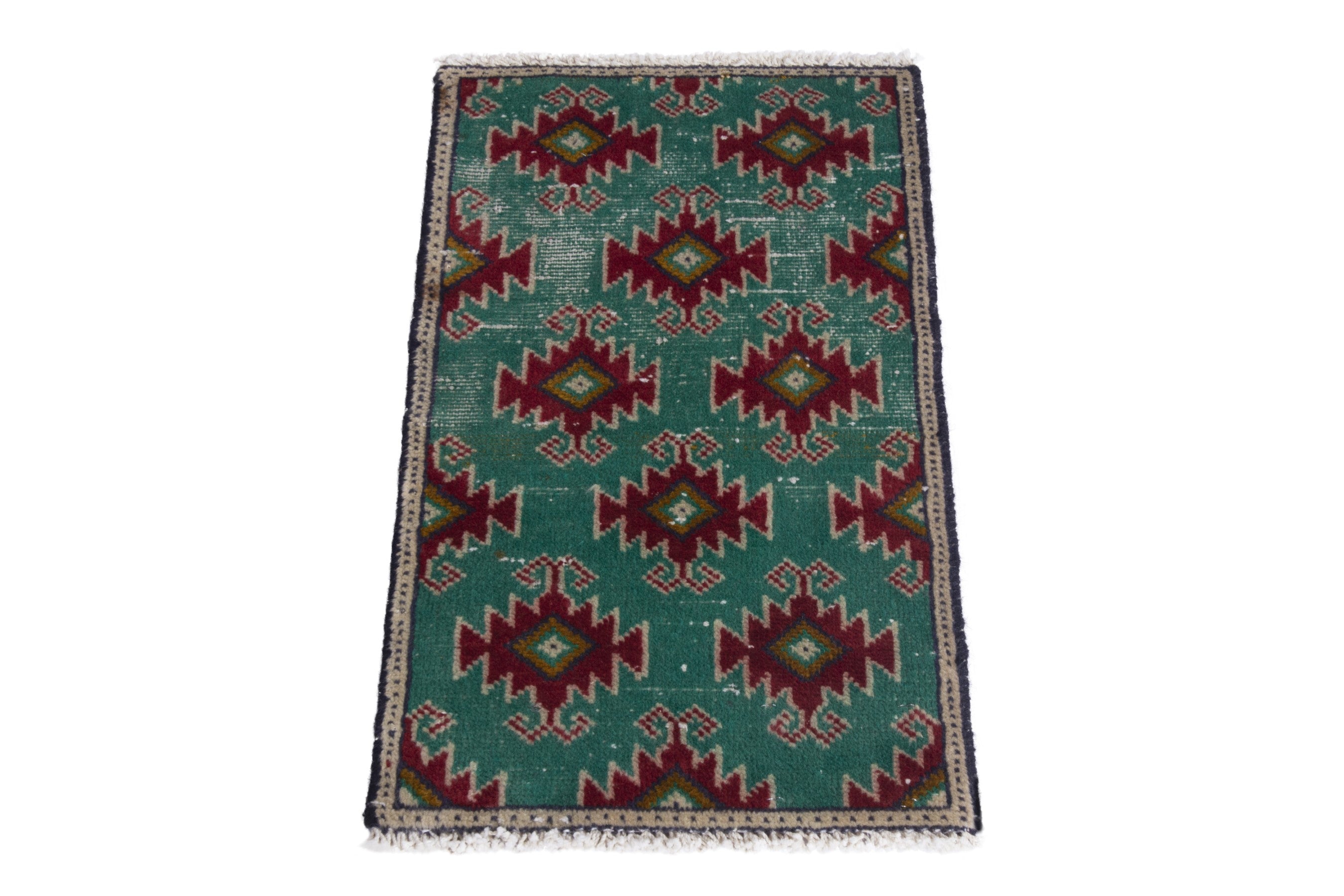 Persian Torkaman accent rug in emerald and deep red, view 2 of 7