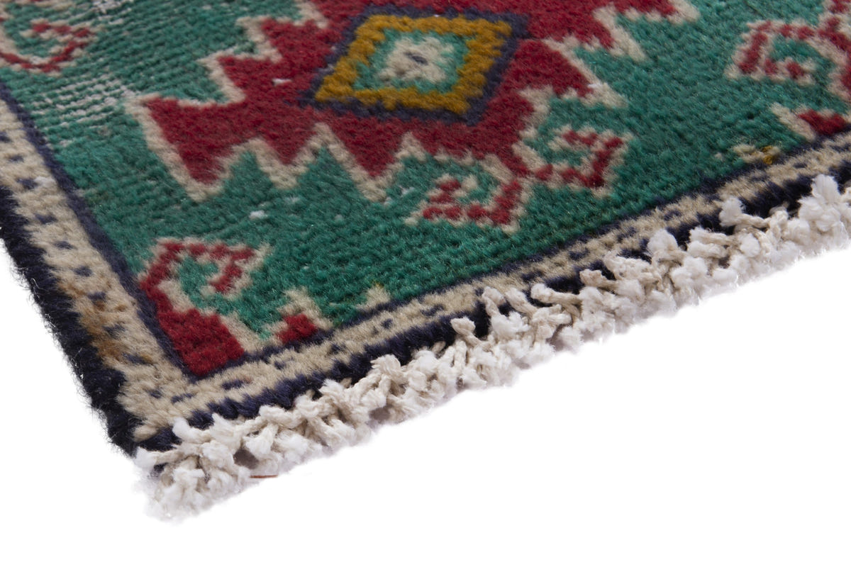 Persian Torkaman accent rug in emerald and deep red, view 6 of 8