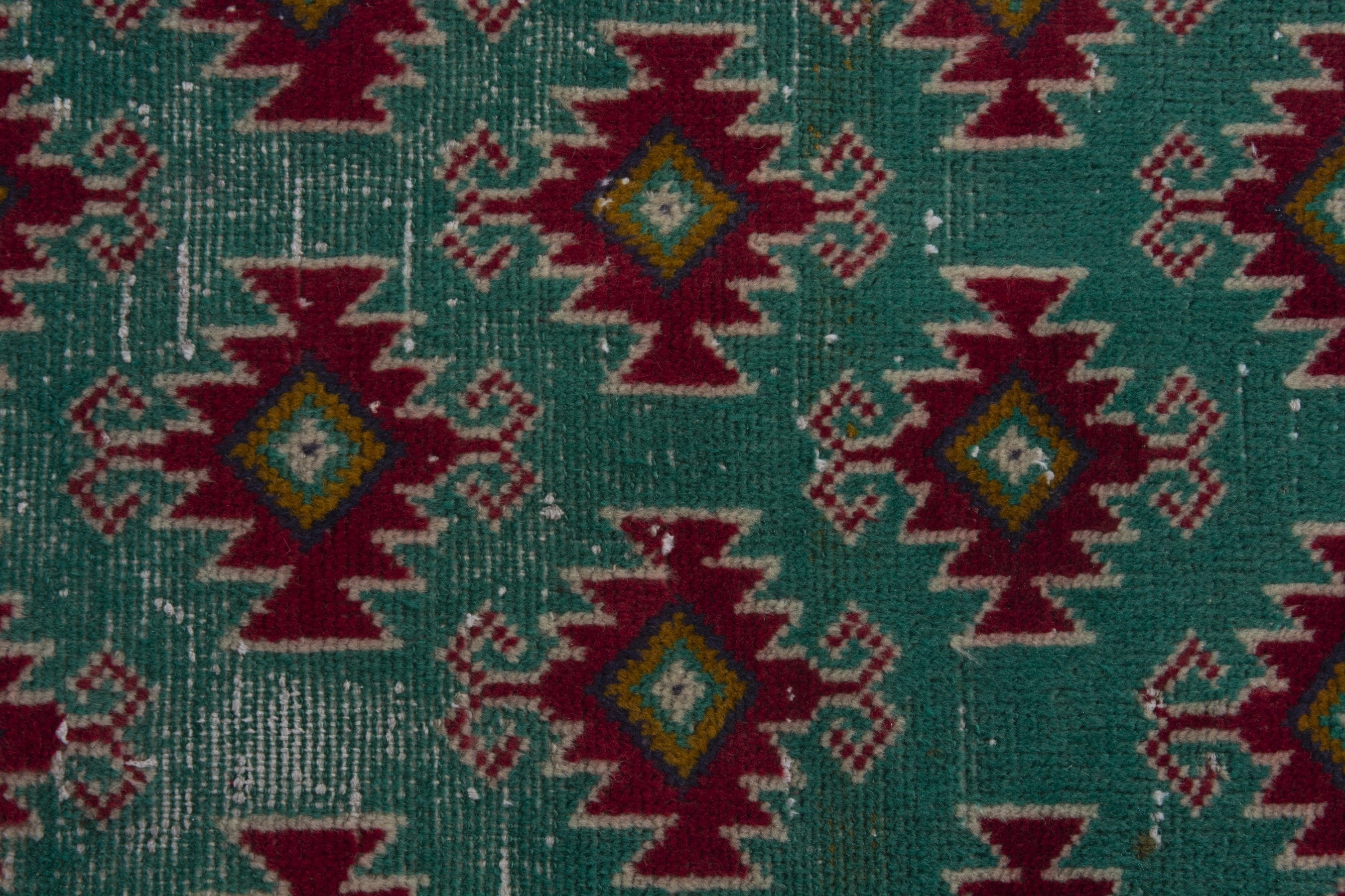 Persian Torkaman accent rug in emerald and deep red, view 6 of 7