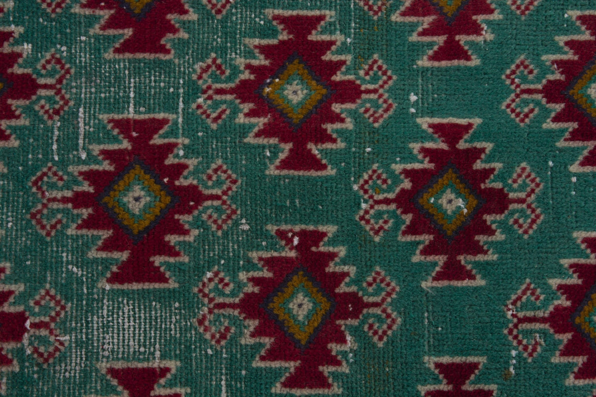 Persian Torkaman accent rug in emerald and deep red, view 7 of 8
