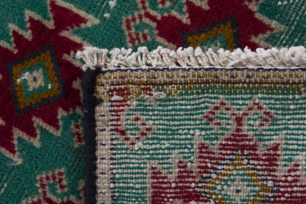 Persian Torkaman accent rug in emerald and deep red, view 8 of 8