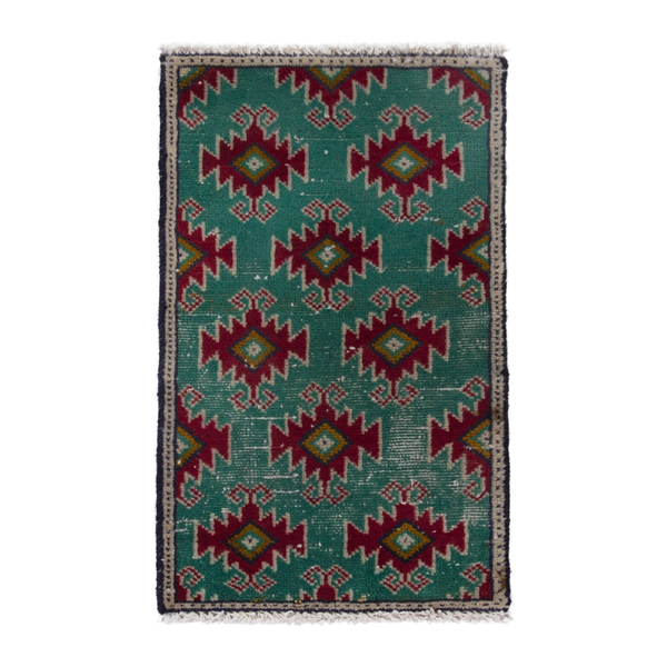 Persian Torkaman accent rug in emerald and deep red, 1'4" x 2'4"