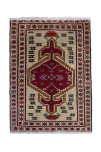 Persian Torkaman accent rug in cream and deep red, view 2 of 8