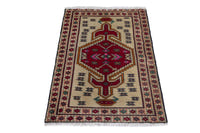 Persian Torkaman accent rug in cream and deep red, view 4 of 8