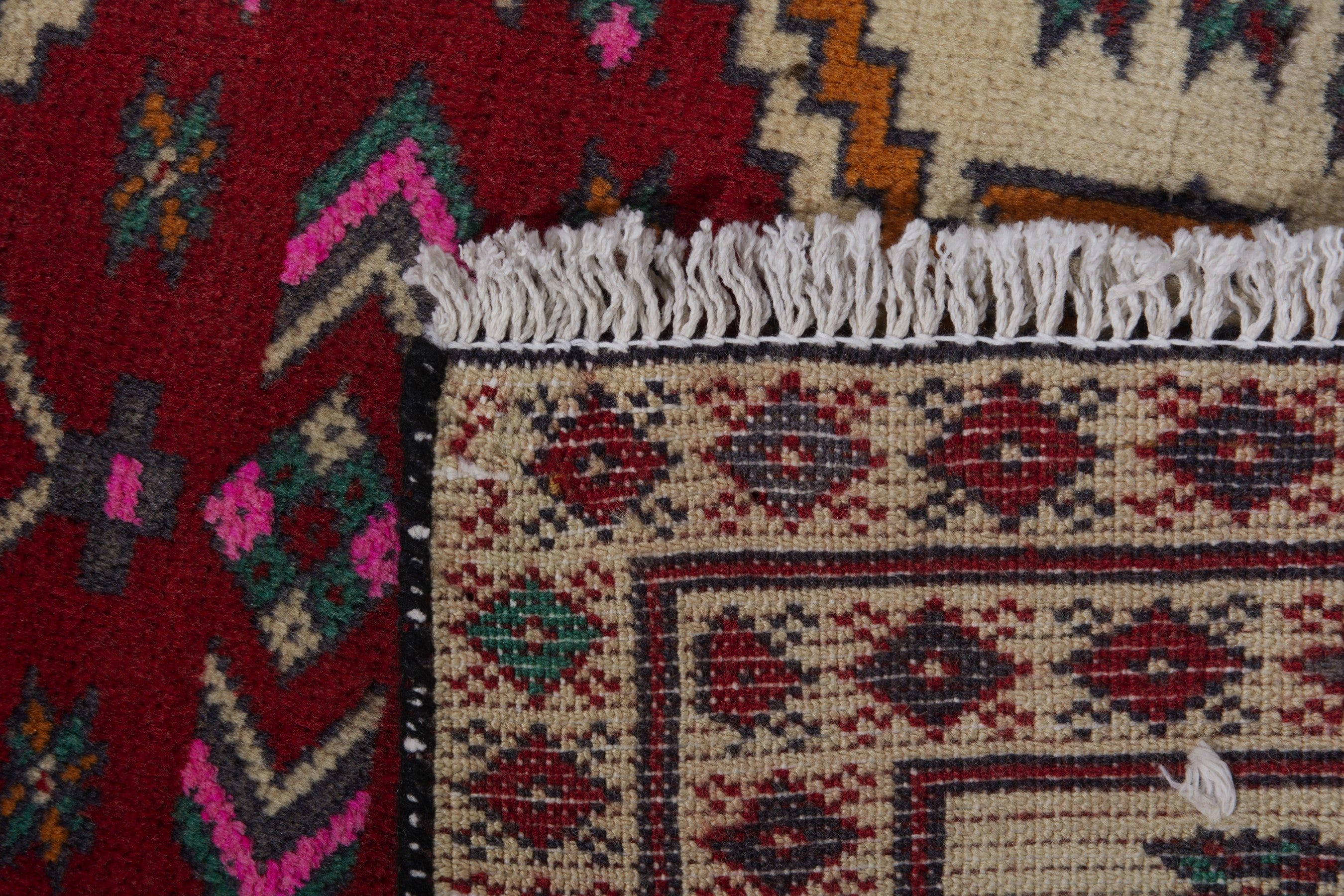 Persian Torkaman accent rug in cream and deep red, view 7 of 7