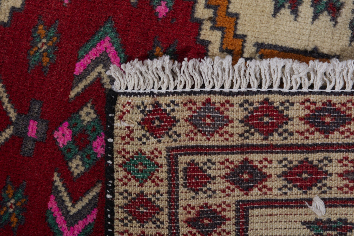 Persian Torkaman accent rug in cream and deep red, view 8 of 8