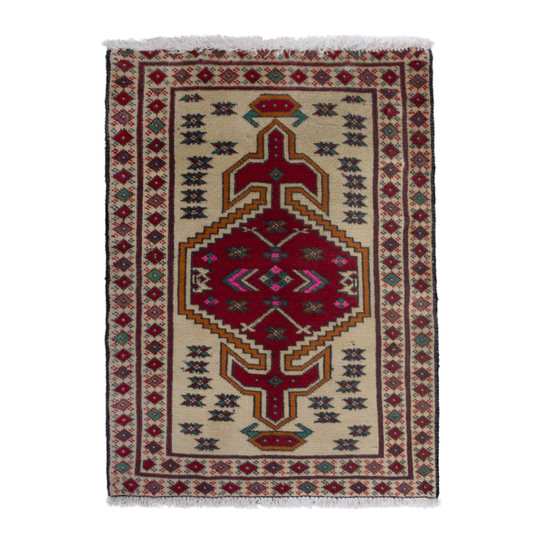 Persian Torkaman accent rug in cream and deep red, 2' x 2'9"