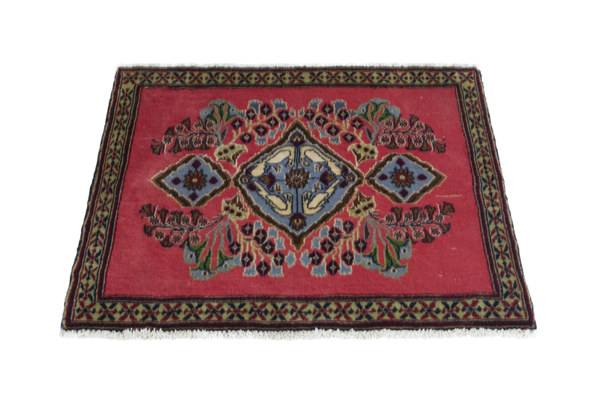 Persian Kashan accent rug in faded red and dusty blue, view 3 of 10
