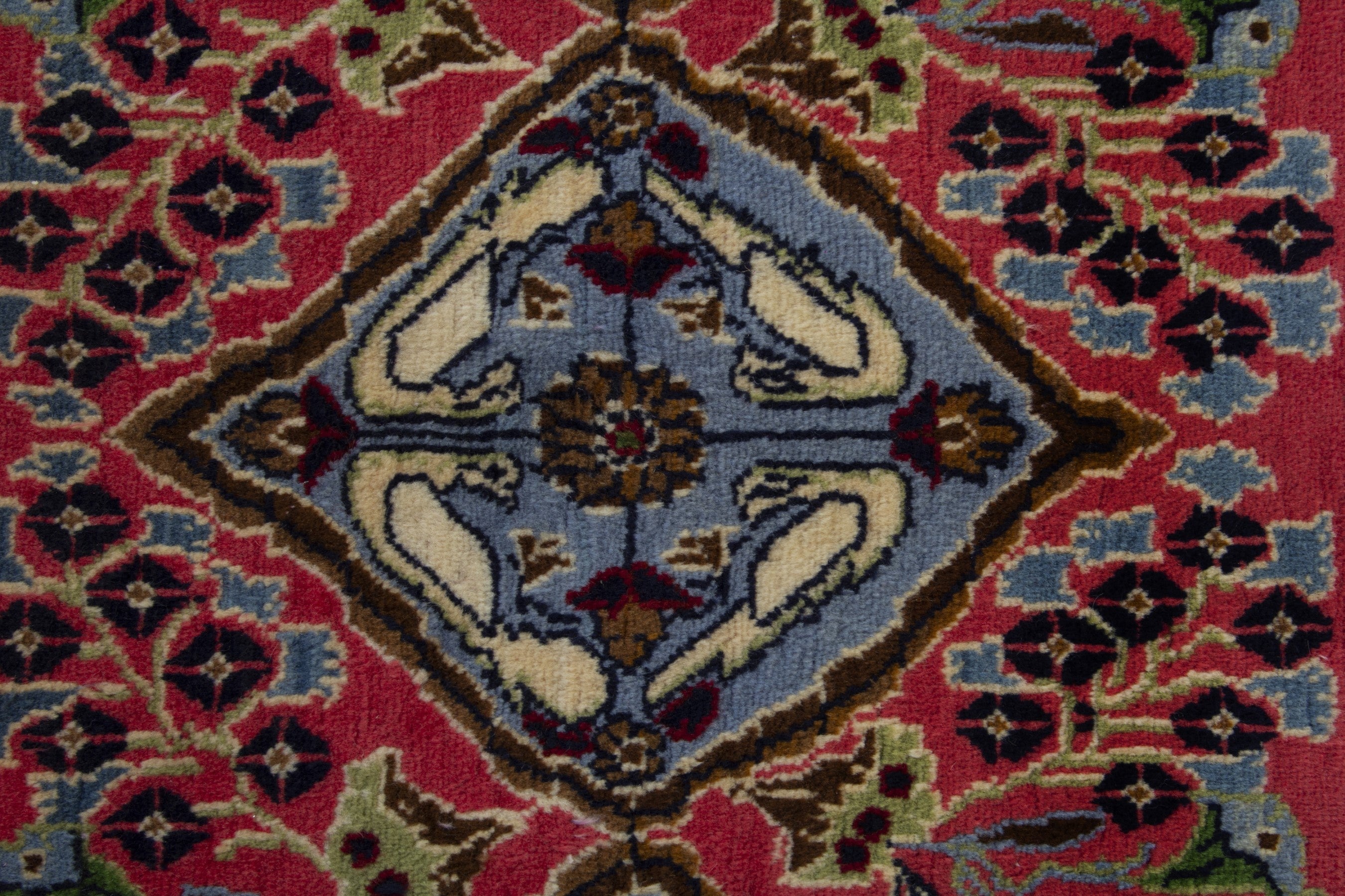 Persian Kashan accent rug in faded red and dusty blue, view 7 of 9