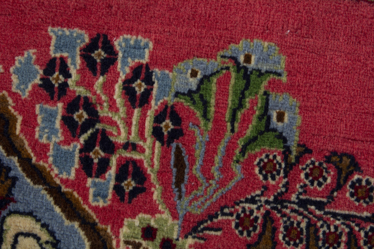 Persian Kashan accent rug in faded red and dusty blue, view 9 of 10